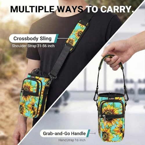 AUPET Water Bottle Sling Bag Sleeve Holder Carrier 25/32/40/64 oz,Insulated Crossbody Water Bottle Case Cover with Strap and Pockets for Men/Women Walking Hiking - color: Sunflower Green background, size: 40oz