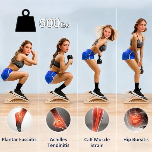 Wooden Slant Board, Portable Calf Stretcher, Adjustable 5 Incline Levels Stretch Board Support 500 lbs for Plantar Fasciitis Relief Therapy Foot Exercise Achilles Tendon - Home Gym