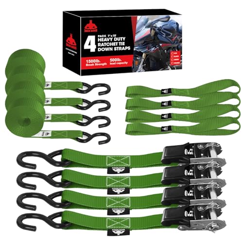Jack Boss Ratchet Tie Down Straps Set,1500 lbs Break Strength, 1" x 15' Heavy Duty Ratchet Straps with 4X Soft Loops Padded Handles Coated S Hook, Fits for Moving Appliances Motorcycle ATV Truck,Green - color: Green-4pcs
