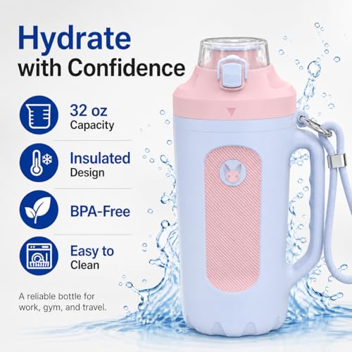 32oz Insulated Water Bottle Multi-Function Sports Jug with Handle & Magnetic Blender - Leak Resistant for Baseball Football Gym & Outdoor Activities (Dreamy Purple & Pink) - color: Dreamy Purple & Pink