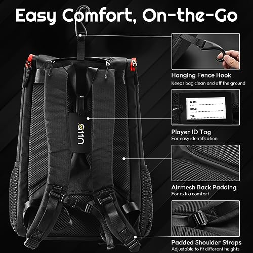 A11N SPORTS Tournament Pickleball Bag Backpack for Men & Women, Holds 4 Paddles, Shoe Compartment, Fence Hook - color: Black/Red