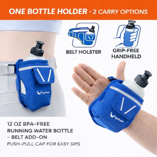 2-in-1 Running Fun: Handheld 12 Oz Water Bottle & Running Belt Add-On. No-Grip Design Straps on Hand & Slides on Belt. Waterproof Pocket for Money, Keys. Maximize Time, Freedom & Health - color: Royal Blue