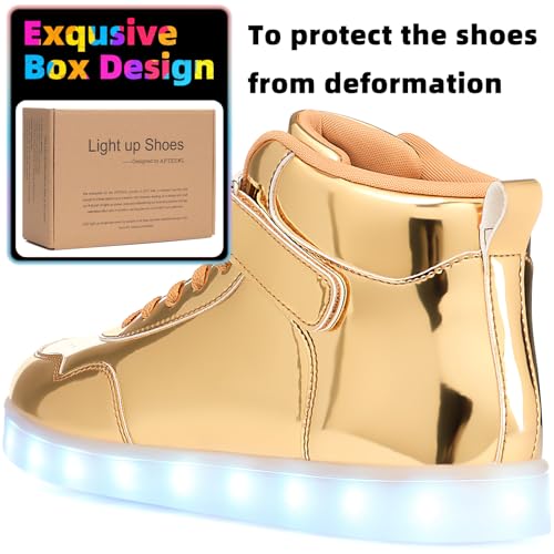 APTESOL Unisex Rechargeable LED Light Up Shoes Men Women High Top Sneakers - color: Gold, size: 11 Women/9.5 Men