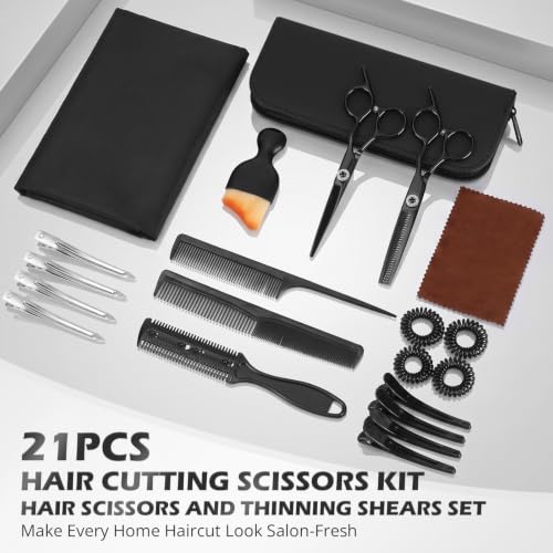 21Pcs 440C Hair Cutting Scissors Kit, Hair Scissors & Thinning Scissors Set - color: Black