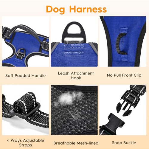 No Pull Dog Harness, No-Choke Soft Padded Reflective Dog Vest Harness with Front Clip & Top Handle, 2 Quick-Release Buckles, Adjustable for Small Medium Large Dogs - color: Dazzling Blue, size: X-Small