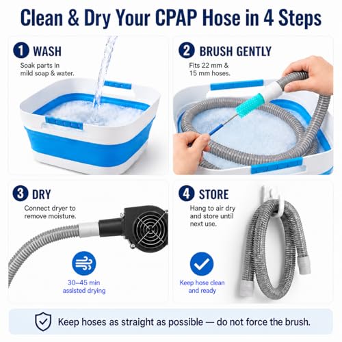 Complete CPAP Cleaning Kit with CPAP Hose Dryer, CPAP Dryer and Cleaning Supplies for 22 mm & 15 mm Tubing, CPAP Hose Cleaner Brush, Collapsible Wash Basin, and 2 Hooks (Ultra) - color: Ultra