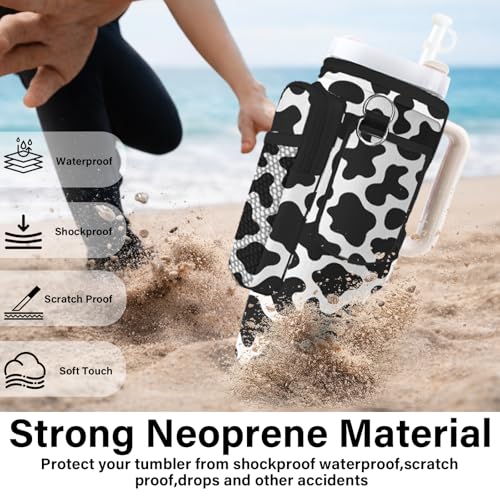 Water Bottle Carrier Bag for Stanley Cup 40/30oz, Neoprene Water Bottle Holder Pouch with 3 Pocket Adjustable Shoulder & Hand Strap - color: Cute Cow Print