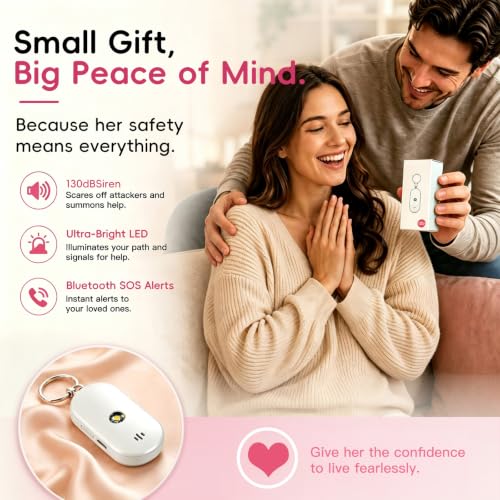 Personal Safety Alarm for Women, 130dB Rechargeable Keychain Alarm with Bluetooth SOS Alerts, Dual Speakers, Strobe Light, Low Battery Reminder, USB-C Emergency Siren for Travel(White) - color: White