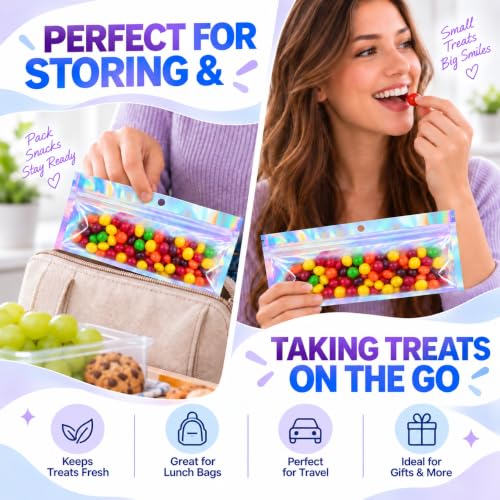 ANZNKU Holographic Bags Mylar Snack Bags 50PCS Small Zip Baggies 8.3x3.5" - color: Holographic, size: 8.3x3.5 Inch