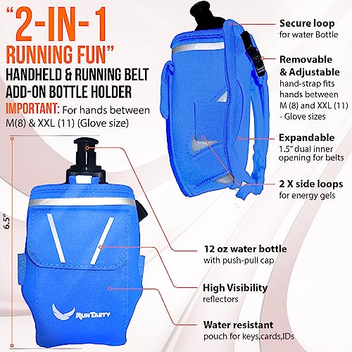 2-in-1 Running Fun: Handheld 12 Oz Water Bottle & Running Belt Add-On. No-Grip Design Straps on Hand & Slides on Belt. Waterproof Pocket for Money, Keys. Maximize Time, Freedom & Health - color: Royal Blue