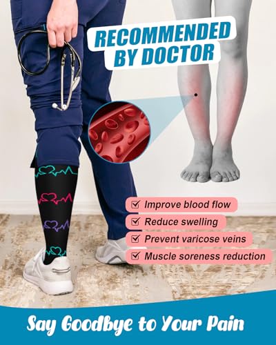 6 Pairs Compression Socks for Women & Men 15-20mmHg Knee High Socks - color: 06 - Black Nurse, size: Large-X-Large