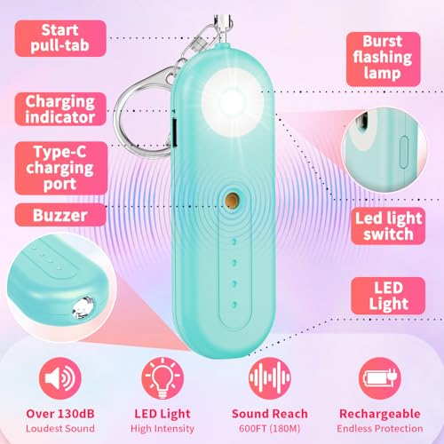Rechargeable Personal Safety Alarm for Women - 130dB Self Defense Keychain Siren Whistle with SOS Strobe Light, Low Battery Notice - Security Protection Devices for Kids Elderly College Essentials - color: Rechargeable - Aqua