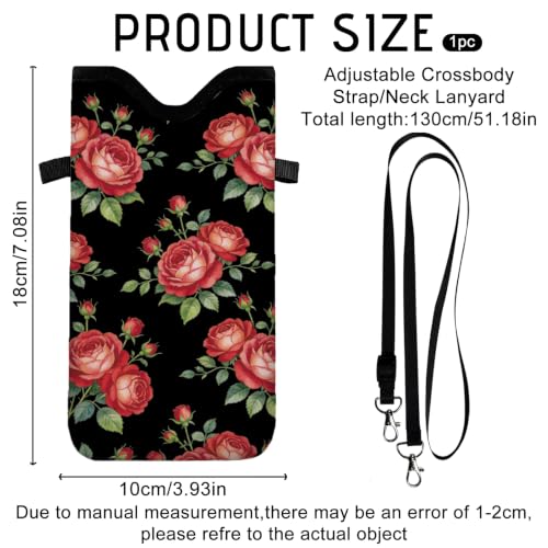 GLOBLELAND Roses Cell Phone Sleeve Pouch Case Bag 7.1×3.9 inch Flowers Shockproof Universal Phone Bag with Crossbody Strap Neck Lanyard for Women Men Phone Headphones Watch - color: Roses