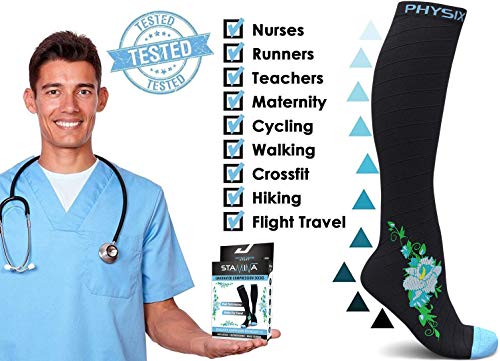 Physix Gear Compression Socks 20-30 mmHg - Men & Women - Running, Nurses, Shin Splints, Flight, Travel - color: Black/Blue Flower, size: Small-Medium