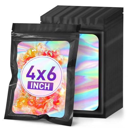 ANZNKU Holographic Mylar Bags 4x6 Black Resealable 50PCS Candy Goodie Bags - color: Holographic Black, size: 4x6 Inch