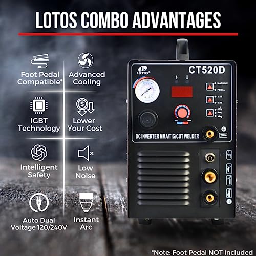 LOTOS CT520D 50 AMP Air Plasma Cutter, 200 AMP Tig and Stick/MMA/ARC Welder 3 in 1 Combo Welding Machine, 5/8 Inch Clean Cut, Brown - style: WITHOUT Pilot Arc