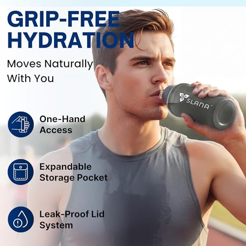Handheld Running Water Bottle 18 oz – Grip-Free Collapsible Water Bottles for Running with Adjustable Strap & Thumbhole, Expandable Phone Pocket, Race Cap for One-Hand Drinking - color: Grey