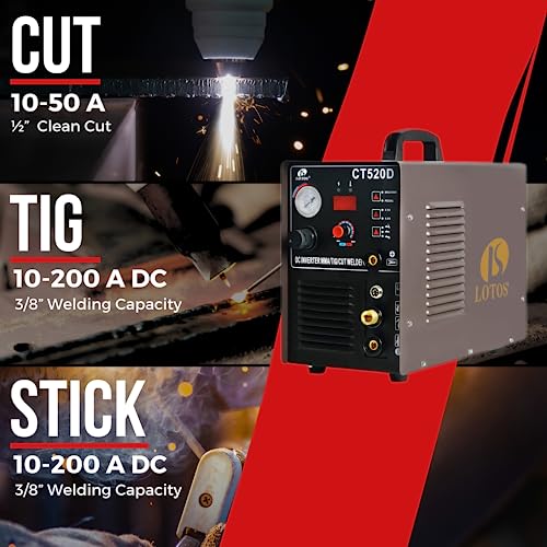 LOTOS CT520D 50 AMP Air Plasma Cutter, 200 AMP Tig and Stick/MMA/ARC Welder 3 in 1 Combo Welding Machine, 5/8 Inch Clean Cut, Brown - style: WITHOUT Pilot Arc