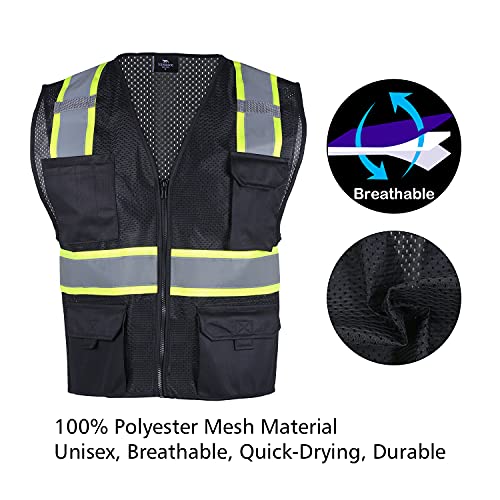 VENDACE Hi Vis Safety Reflective Mesh Vest for Men ANSI Class 2 High Visibility Vest with 8 Pockets and Zipper - color: Black, size: XX-Large