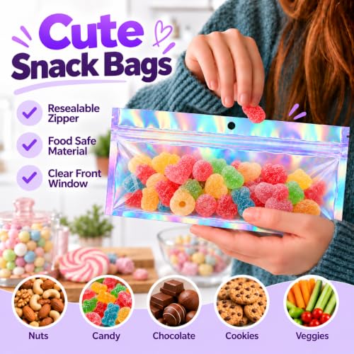 ANZNKU Holographic Bags Mylar Snack Bags 50PCS Small Zip Baggies 8.3x3.5" - color: Holographic, size: 8.3x3.5 Inch