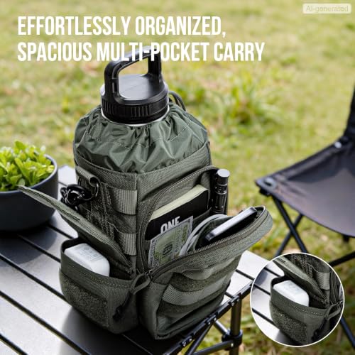 ONETIGRIS Tactical MOLLE Water Bottle Holder 40-64oz with Phone Pocket - color: Green