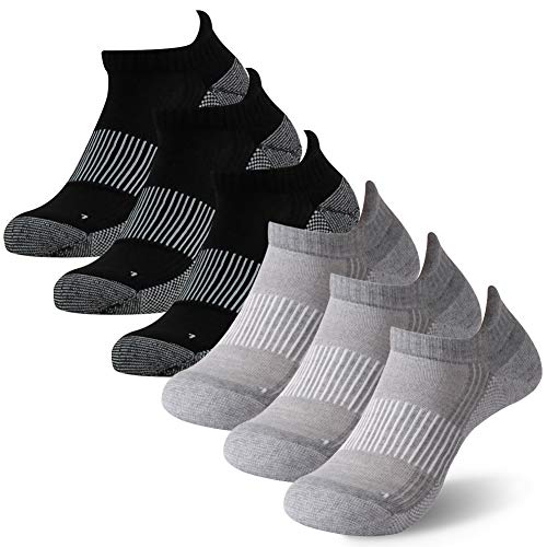 FOOTPLUS Copper Compression Socks,Unisex Cushioned Sole Arch Support Athletic Ankle/Crew Running Hiking Socks - color: 01# 6 Pairs- 3 Black& 3 Light Grey Ankle, size: Medium
