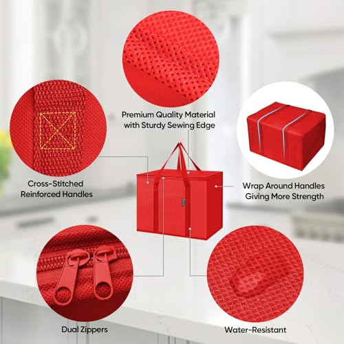 BALEINE Insulated Reusable Grocery Bags with Zippered Top, Large Cooler Bag - color: Bright Red, size: 2 Pack