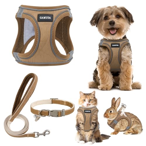 GAMUDA Small Pet Harness Collar and Leash Set, Step in No Chock No Pull Linen Fabric Soft Mesh Dog Vest Harnesses Reflective for Dogs Puppy Cats Kitten Rabbit (Brown, M) - color: Brown, size: Medium