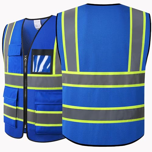 Reflective Safety Vest for Men Women Hi Vis Vest with 8 Pockets High Visibility Mesh Reflective Vest (Blue-07, X-Large) - color: Blue, size: X-Large