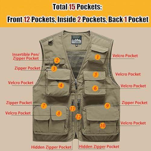 Saukiee Mens Vest Lightweight Vest Men Fishing Travel Work Pesca Safari Combat Hunting Cargo Vest Jacket with Pockets M - color: Black, size: Medium