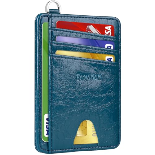Slim Minimalist Front Pocket Wallet, RFID Blocking Credit Card Holder Wallet with Integrated D-Shackle for Men Women - color: Glossy Deep Cyan
