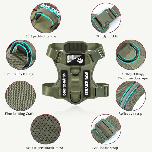 Service Dog Harness, Reflective Dog Vest Harness with 5 PCS Patches, Adjustable Soft Oxford Pet Harness, Inner Layer Mesh, Easy to Control - color: Army green, size: X-Small (Pack of 1)