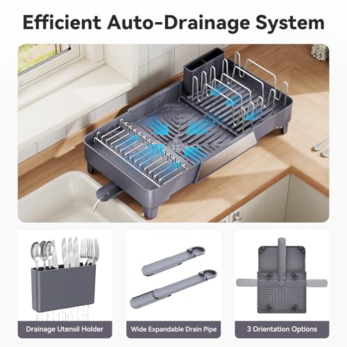Urackify Large Dish Drying Rack, Expandable Dish Drainer, Gray