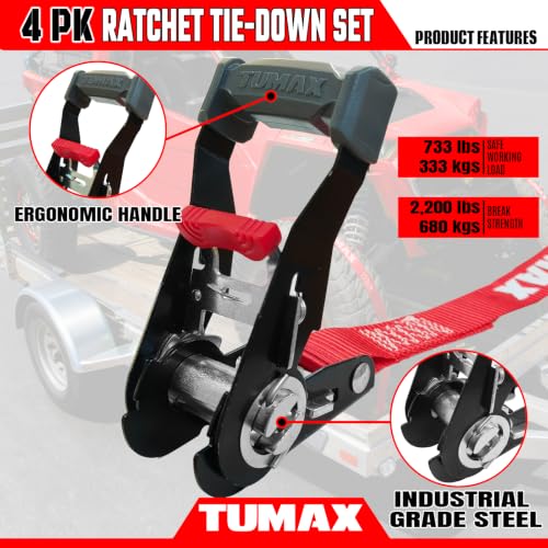 4Pcs Ratchet Tie Down Straps: 15FT 2200lb for Truck, Motorcycle & Cargo - size: 2200lbs-Red
