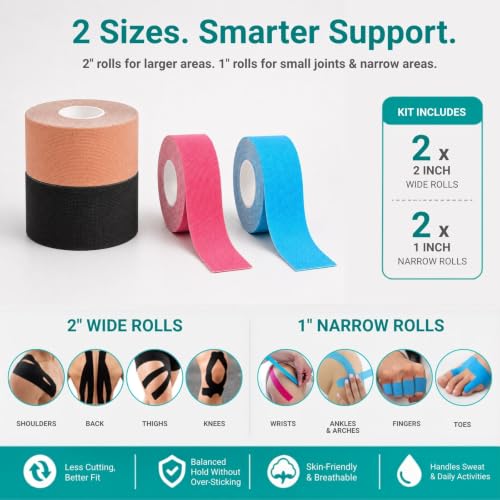 Kinesiology Tape 4 Rolls (2"+1") Dual Width Sports Tape - size: 2IN+1IN