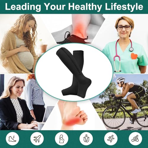 CTHH Zipper Compression Socks for Women and Men Toeless Knee High Stocking - color: Black, size: Large-X-Large