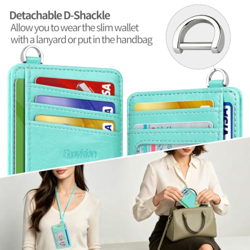 Slim Minimalist Front Pocket Wallet, RFID Blocking Credit Card Holder Wallet with Integrated D-Shackle for Men Women - color: Glossy Llight Turquoise