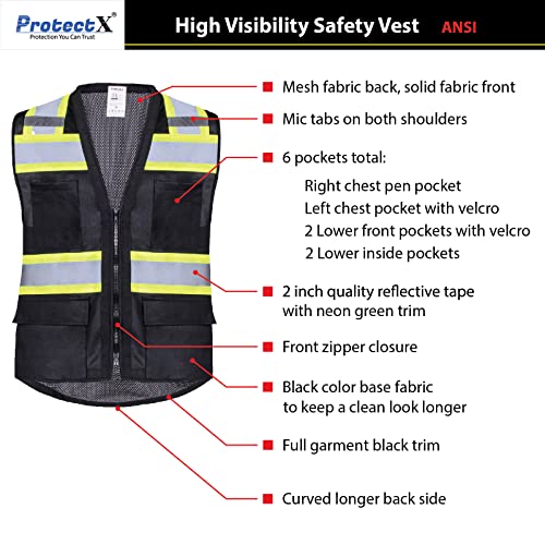 ProtectX High Visibility ANSI Class 2 Safety Vest with 6 Pockets - color: Black - Mesh Fabric 3-pack, size: Small