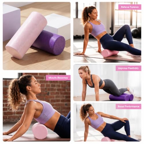 2 Pcs High-Density Epp Foam Roller 12"x6", Portable Round Roller with 2 Carry Bags for Pilates, Yoga, Muscle Recovery Set for Physical Recovery, Stretching, Legs, Back, Pink & Purple Roll