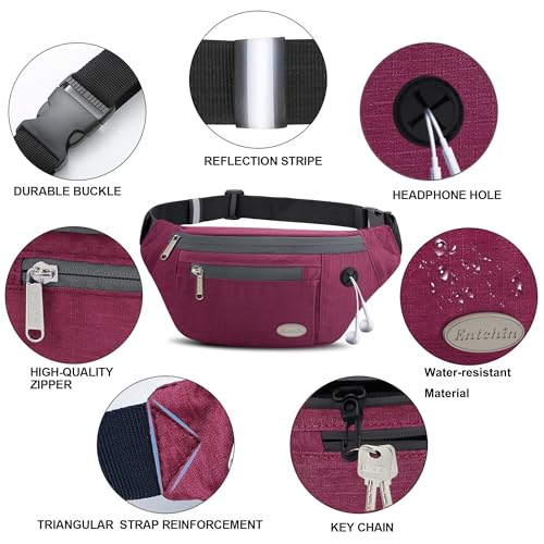 Entchin Water-Resistant Fanny Pack, 4-Zipper Belt Bag - color: Burgundy