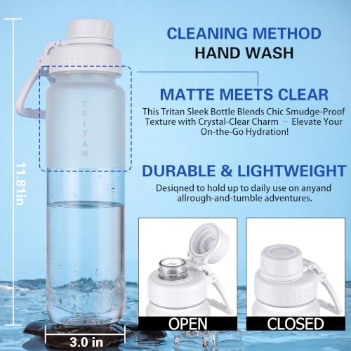 OLDLEY 32oz Water Bottle with Handle, BPA-Free Tritan Reusable Sports Water Bottle with Leak-Proof Dust Lid, Wide Mouth, Cup Holder Friendly, Half Frosted Clear Bottle for Gym,Travel, Work,Pure White - color: Pure White