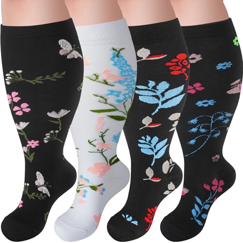 4 Pairs Plus Size Compression Socks,Extra Wide Calf 20-30 mmHg Knee High Compression Socks for Men Women Circulation - color: 01-white Flowers, size: XX-Large