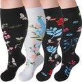 4 Pairs Plus Size Compression Socks,Extra Wide Calf 20-30 mmHg Knee High Compression Socks for Men Women Circulation - color: 01-white Flowers, size: XX-Large