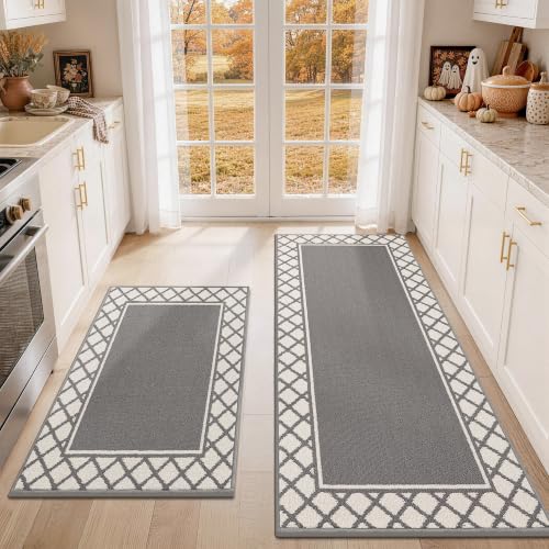 COSY HOMEER Washable Kitchen Rugs Sets of 2 Non-Slip Kitchen Mats,Grey - color: Grey, size: 24"x35" + 24"x60"