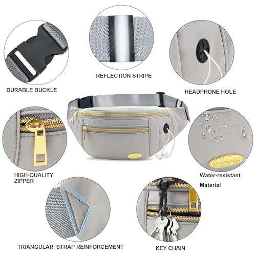Entchin Water-Resistant Fanny Pack, 4-Zipper Belt Bag - color: Mini Grey