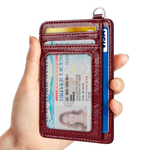 Slim Minimalist Front Pocket Wallet, RFID Blocking Credit Card Holder Wallet with Integrated D-Shackle for Men Women - color: Glossy Burgundy