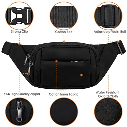 Large Fanny Pack for Women Men - Syican Waist bag with 3-Zipper Pockets - color: Black+Extended Belt