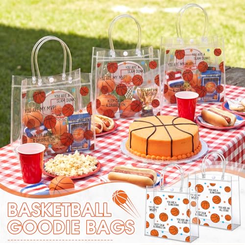 Aliceset 12 Pcs Basketball Gift Bags Bulk Transparent Basketball Goodie Bags with Handles Reusable PVC Gift Totes for Game Day Sports Birthday Parties Team Events Gifts Treat - style: Basketball