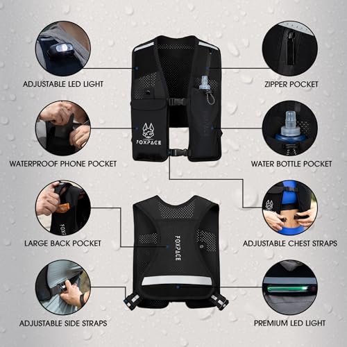 Running Vest for Women Men - Hydration Vest Water Bottle - Breathable Adjustable Backpack for Hiking Marathon - Waterproof Phone Pocket - Reflective Lights Up Rechargable Vest for Night Running