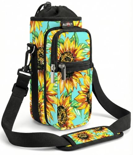 AUPET Water Bottle Sling Bag Sleeve Holder Carrier 25/32/40/64 oz,Insulated Crossbody Water Bottle Case Cover with Strap and Pockets for Men/Women Walking Hiking - color: Sunflower Green background, size: 25oz